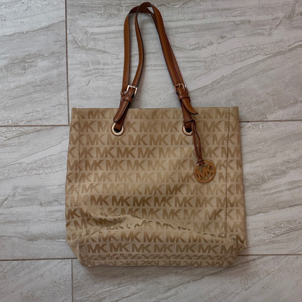 Michael Kors Tan MK Logo Tote with Brown Straps